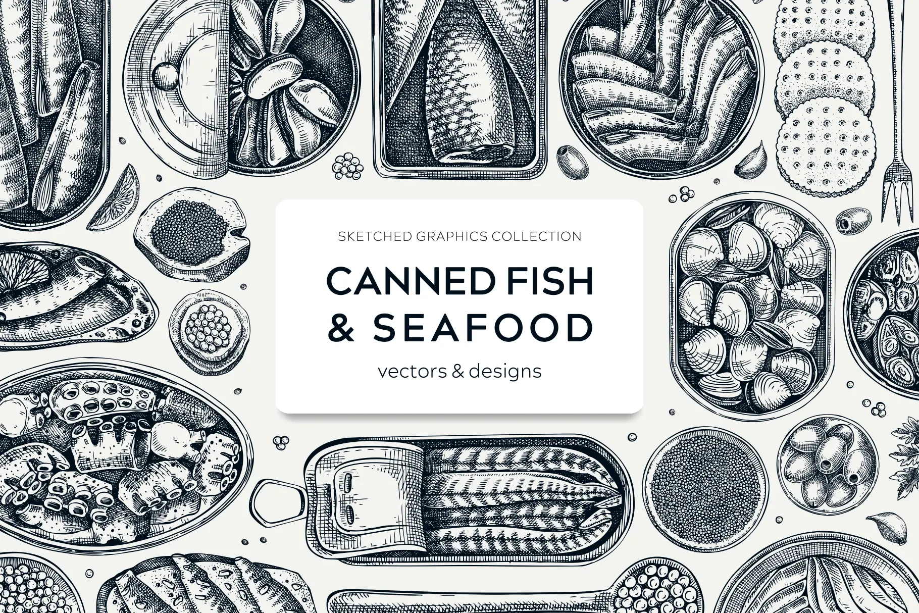 Canned Fish Sketches Set. Seafood Restaurant Designs. Hand-drawn Vector Illustrations Illustration